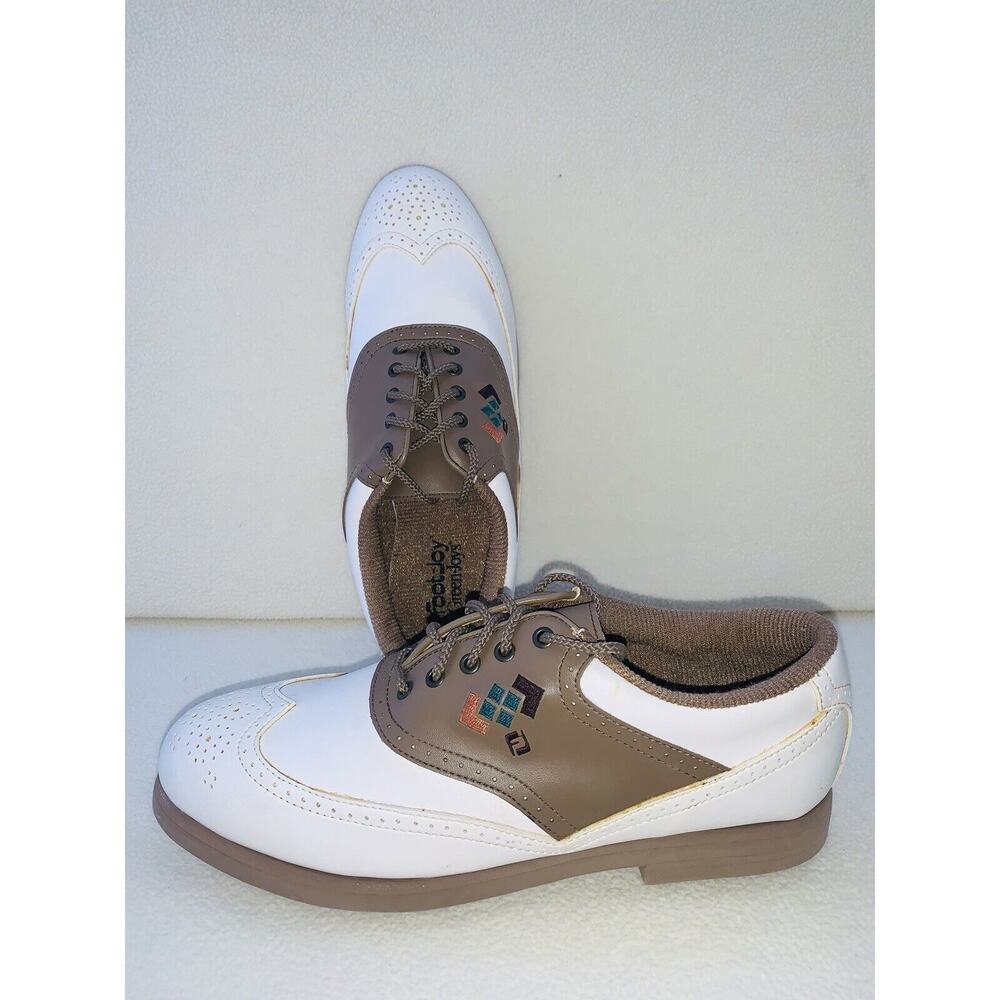 9M FootJoy Green-Joys Golf Shoes Womens White Brown Saddle Oxford 48868 Vegan